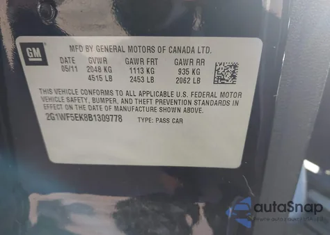 2011 Chevrolet Impala Ls z USA, uszkodzony, nr VIN 2G1WF5EK8B1309778